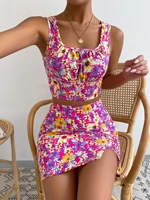 allover floral print crop top slit skirt boho split zipper ruched bust camisole two pieces set square neck sleeveless