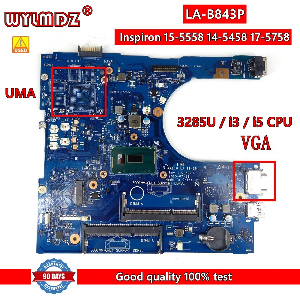 

Used LA-B843P 3285U / i5-5200 CPU Laptop Motherboard For Dell Inspiron 15-5558 14-5458 17-5758 Notebook Mainboard CN 07CV2G