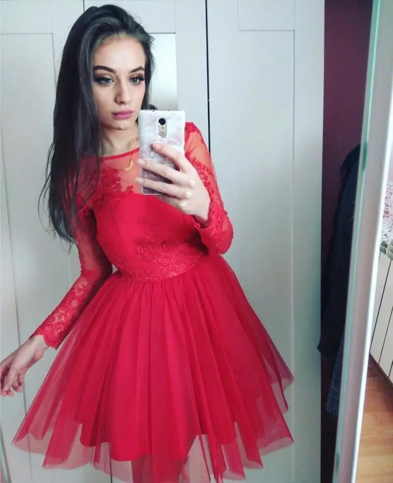 

Sexy Illusion Red Lace Homecoming Dress with Full Sleeve Sheer Neck Mini Short Graduation Party Dresses for Girl Junior