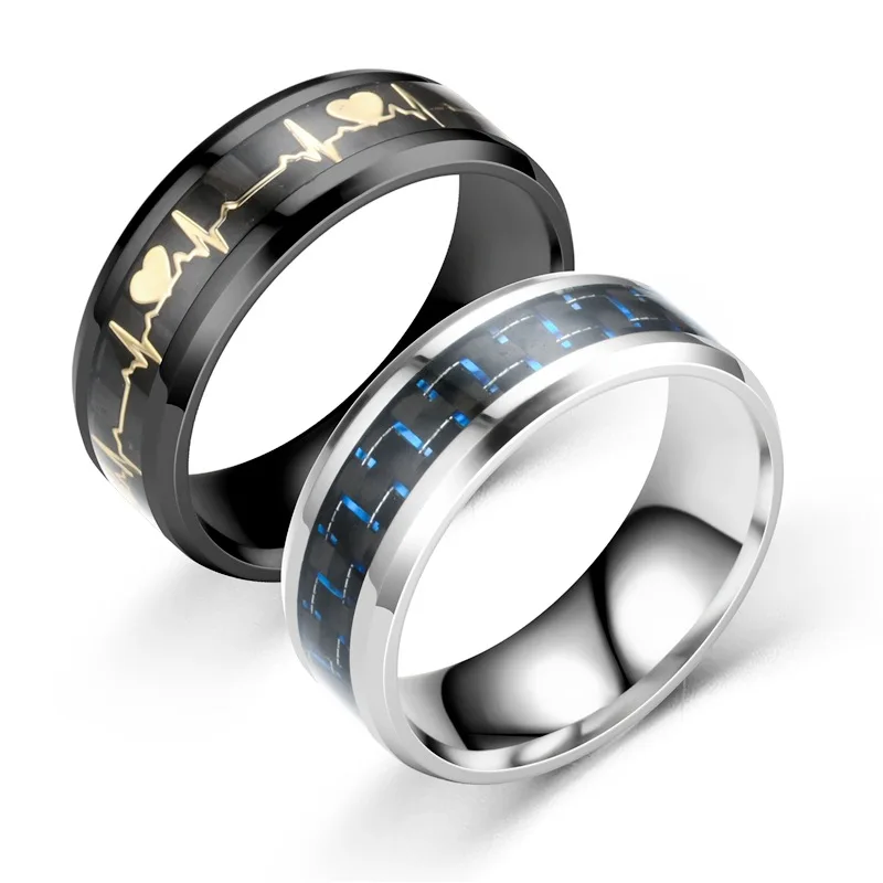 

TOOCNIPA Stainless Carbon Fiber Steel Couple Wedding Ring 8mm Mood ECG Ring Promise Heartbeat Ring Glowing Jewelry For Men