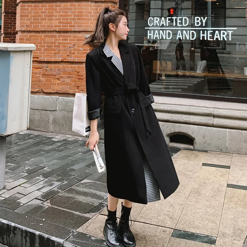 SuperAen 2024 модный однобортный длинный ветровка в клетку Корейском стиле