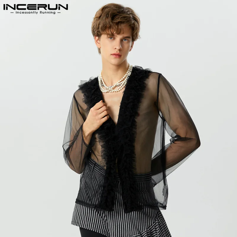 

Мужская сетчатая рубашка в стиле пэчворк с оборками и V-образным вырезом, мужская одежда с длинным рукавом, уличная одежда 2023, привлекательная блестящая искусственная кожа, INCERUN