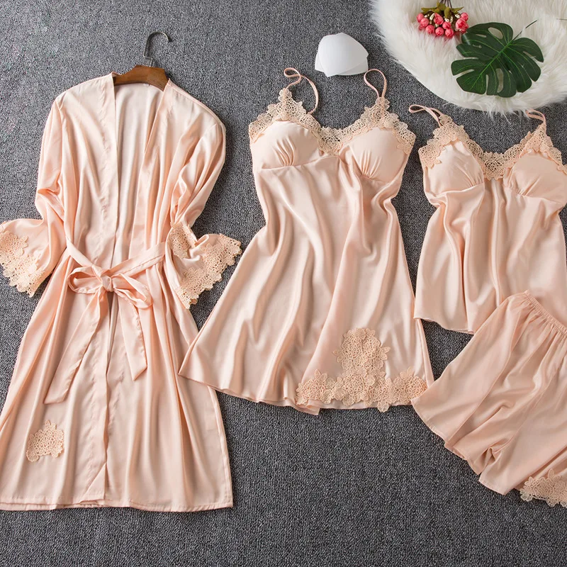 Sexy Women's Pajamas In Spring,Autunm and Summer,2023 New Ice Silk Thin Four-piece Set,Robe Suspender Sheepshirt With Bra Short