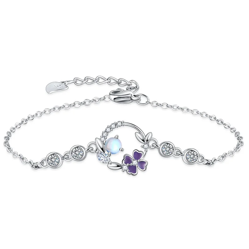 

Классический браслет с лунным камнем и цветком клевера, женские наручные аксессуары, Модный женский браслет с серебряной цепочкой S925, Женск...