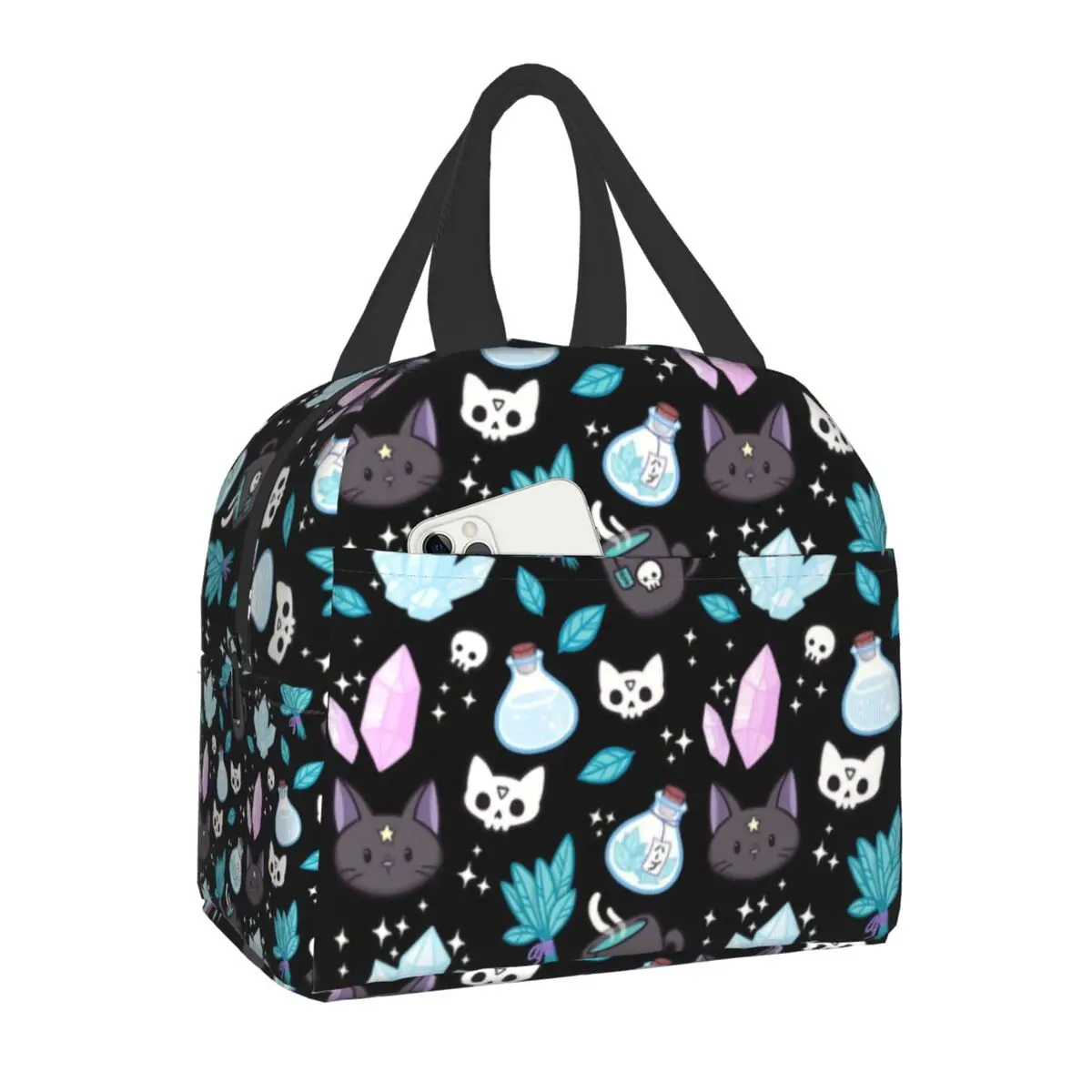 Herb Witch Pattern Insulated Lunch Bag for School Office Halloween Cat Skull Leakproof Cooler Thermal Bento Box Women Children