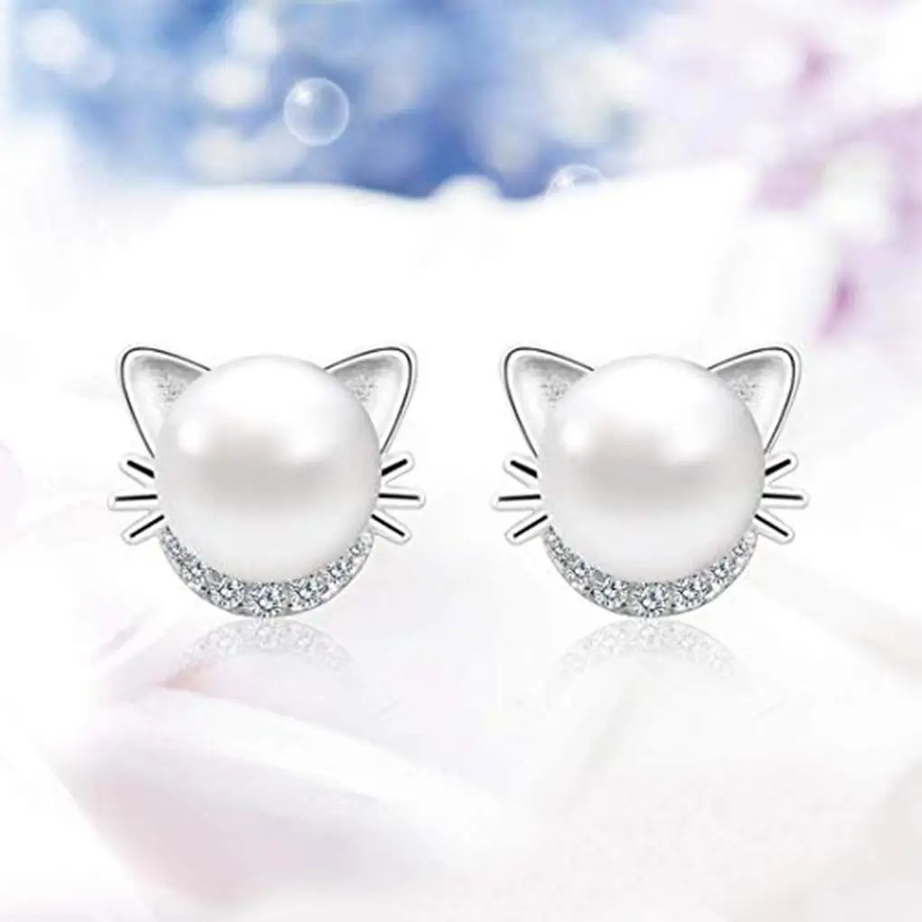 

Women Adorable Cat Rhinestone Studs Earrings Shiny Crystal White Girls Stud Earrings