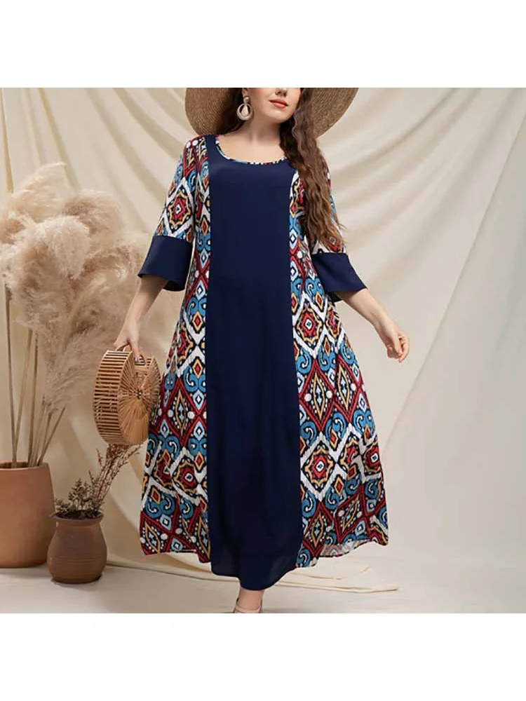 Plus-size new high-waist elasticated waist print dress women's color-block thin
