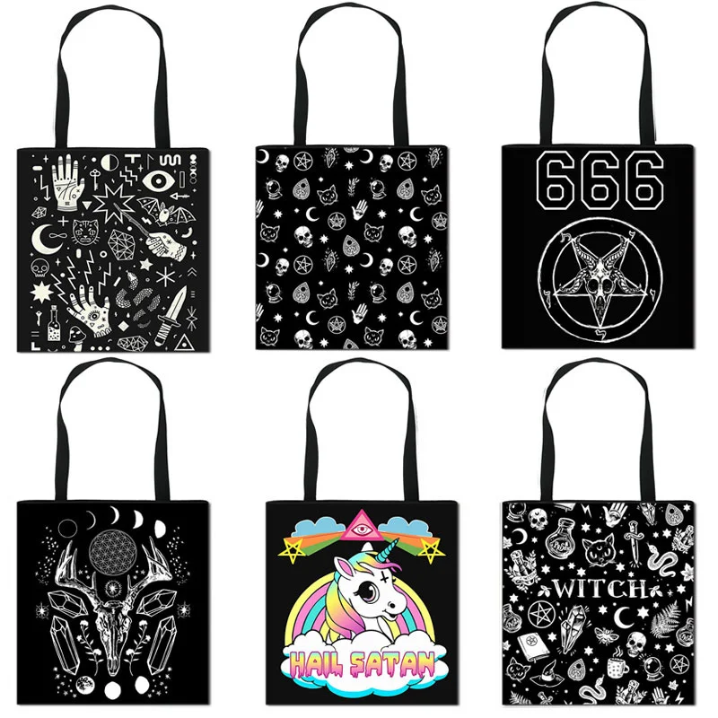 

Witch / 666 / Hail Satan Women Shoulder Bag Baphomet / Witchcraft Handbag Black Cat Causal Totes Bags Ladies Shopping Bag
