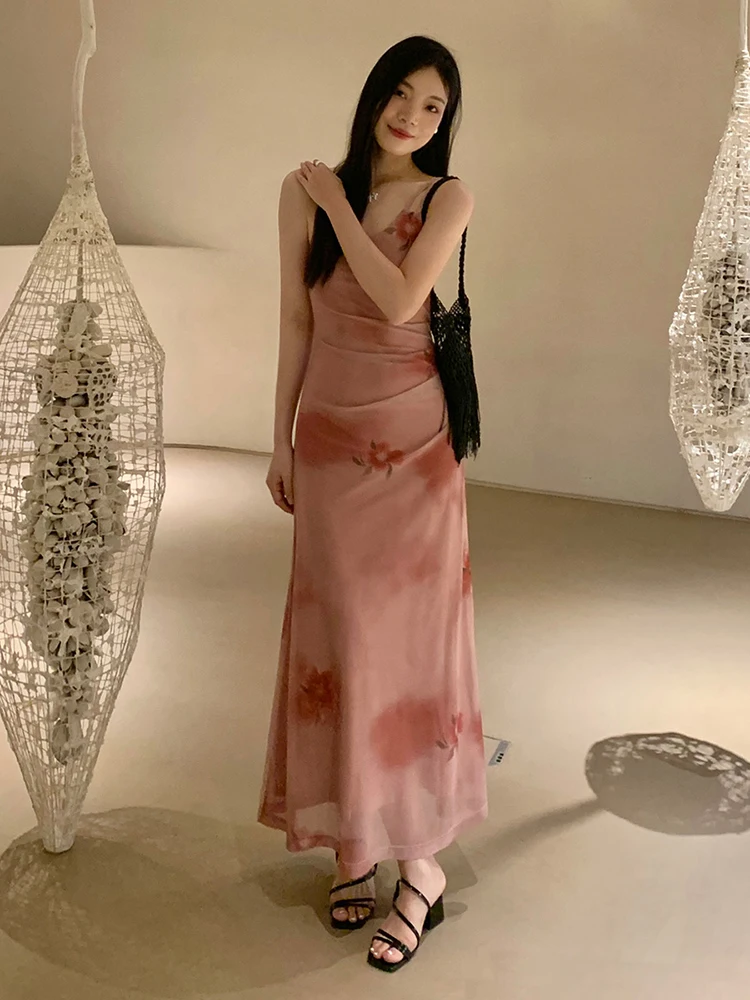 

French Style Gentle Long Camisole Dress Summer Vintage High Waist Office Lady Simple Pink Print Casual Sleeveless Basic Frocks