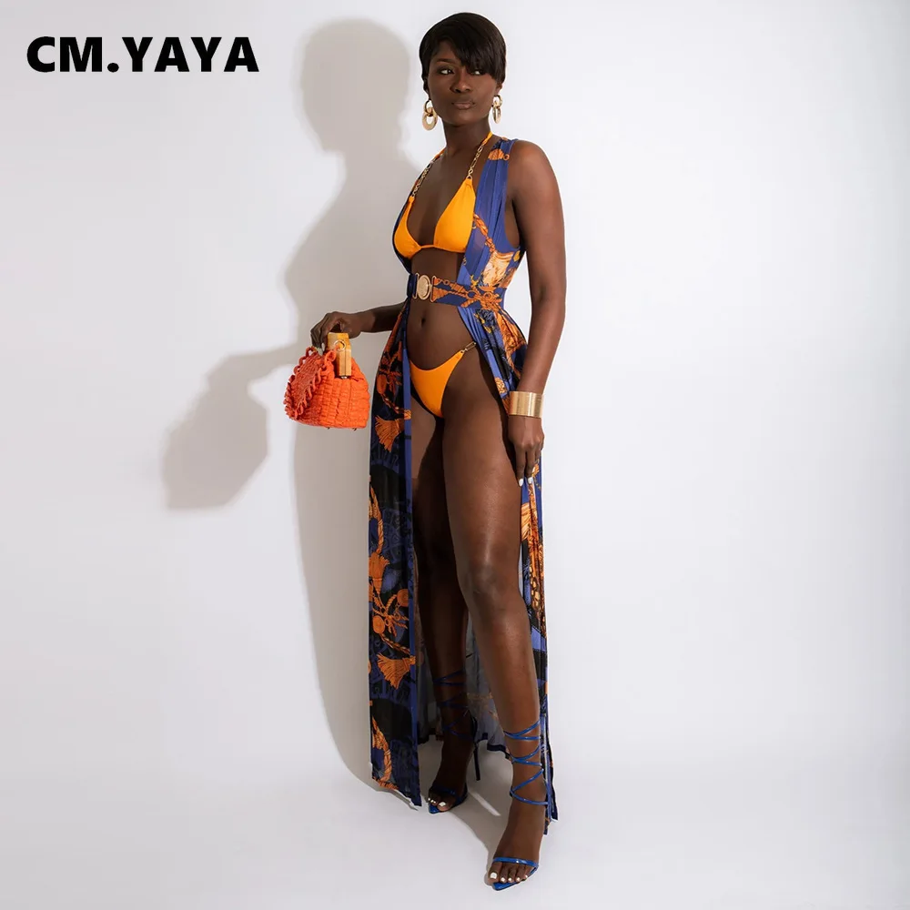 

CM.YAYA Women Bikinis Set 2022 Summer Paisley Sleeveless Maxi Cover-ups Matching 3 Piece Set Outfits Sexy Swimsuit