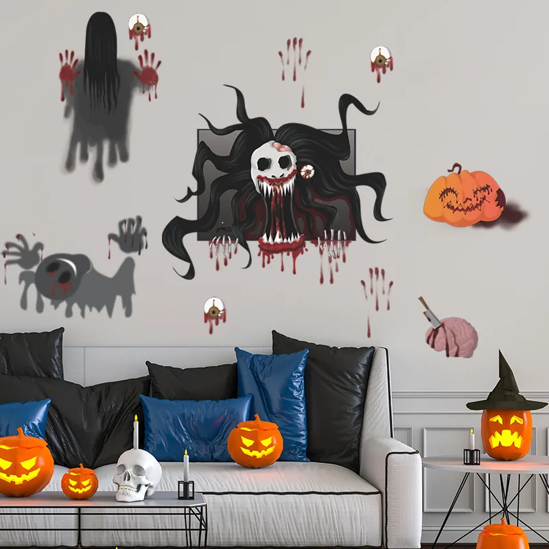 

Cartoon Pumpkin Skull Witch Castle Bat Halloween Wall Stickers Glass Window Sticker Halloween Decorations for Home Horror Props