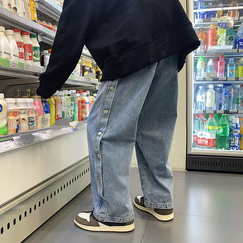 DEEPTOWN Straight Jeans Men Casual Denim Pants Streetwear Trousers Male High Quality Pants with Side Buttons Man Size 5XL Loose