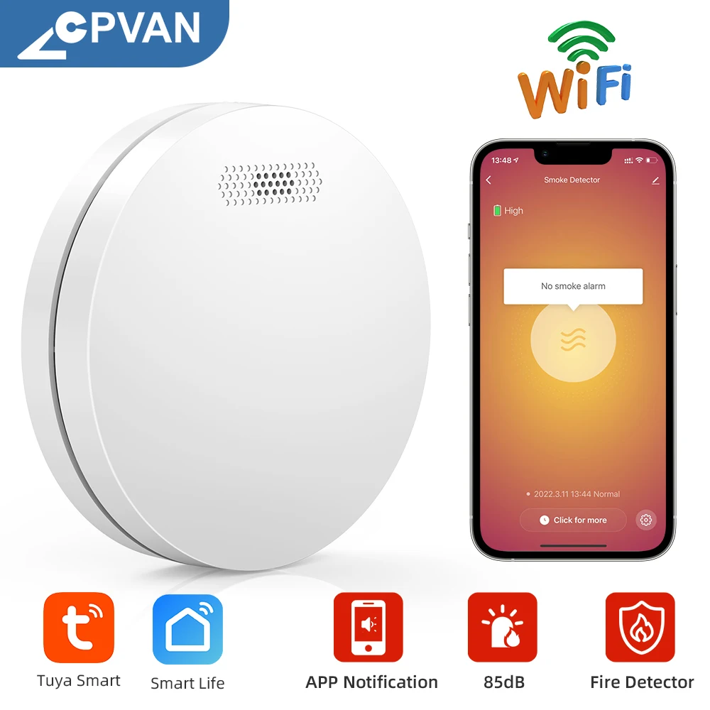 

CPVAN Wifi Smoke Detector Home Fire Alarms TUYA APP Smart Life White 85DB Fire Sensor No Include Battery