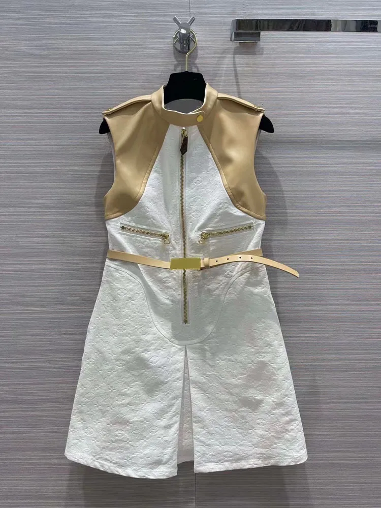 

2023 Women's dress Summer Gentle and playful color matching leather decoration tooling style classic temperament waist A-line dr