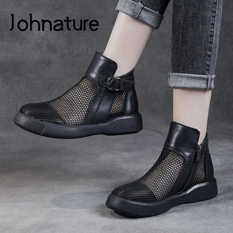 

Johnature Genuine Leather Retro Shoes Women Sandals Zip Flat With Sewing 2022 New Spring Summer Handmade Casual Modern Sandals