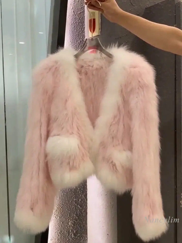 2022 Autumn Winter Faux Fox Coat Women Short Design V Neck Pink Furry Fur Jacket Contrast Color Streetwear Lady Chic Coats