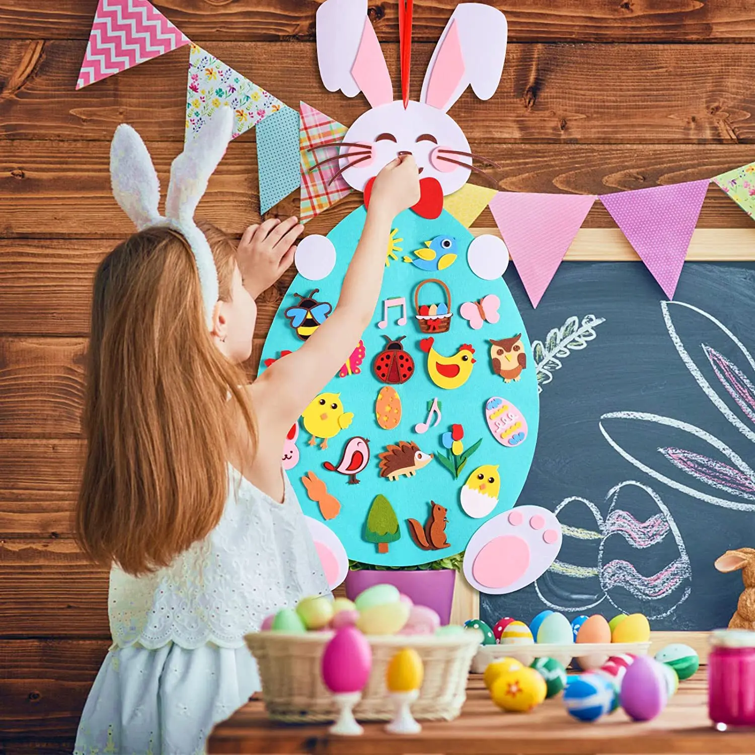 

Easter Felt Rabbit Colorful Eggs Chick Creative Puzzle Wall Sticker Holiday Hanging Pendant 2023 Happy Easter Day Party Decor