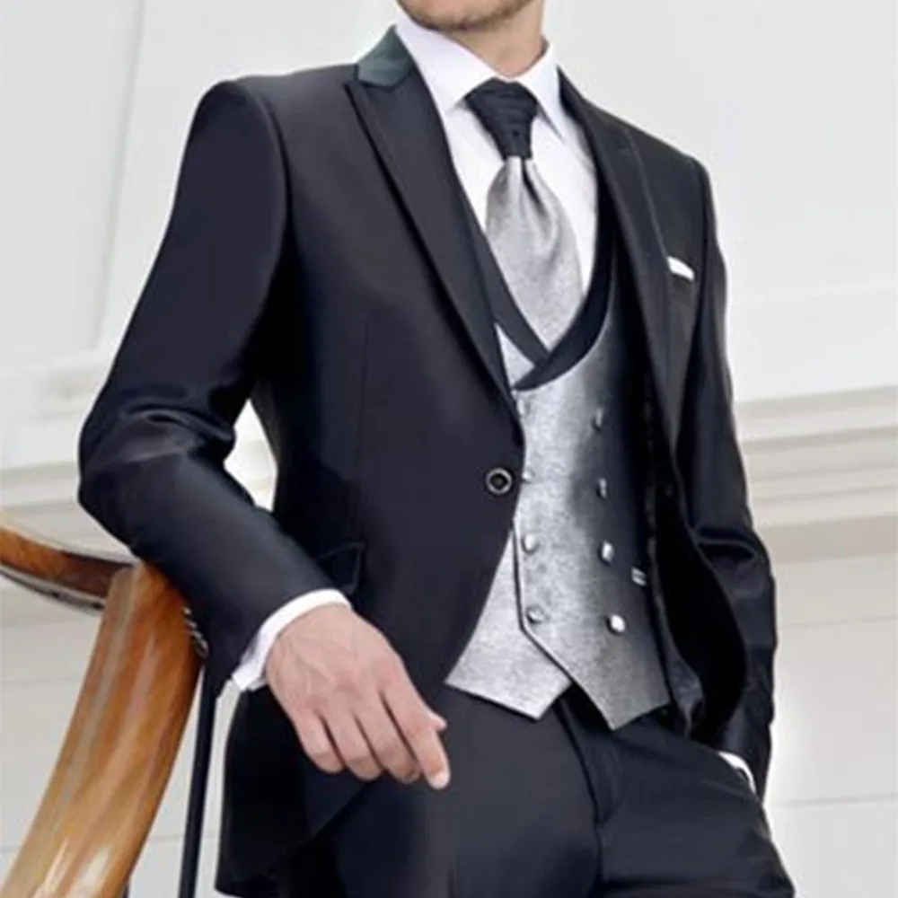 

2022 Latest Coat Pant Designs Italian Style Black Groom Tuxedos 3 Piece Slim Fit Wedding Prom Dinner Suits For Men Groomsman