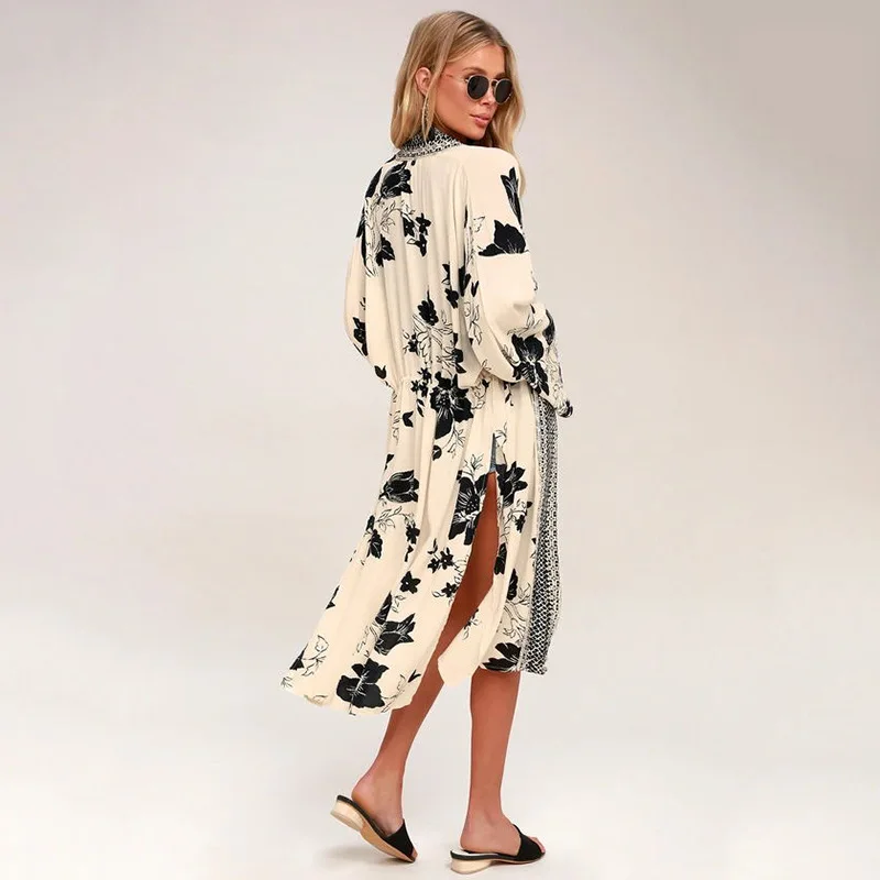 Винтажная черная накидка на бикини с принтом элегантное кимоно Пляжное платье