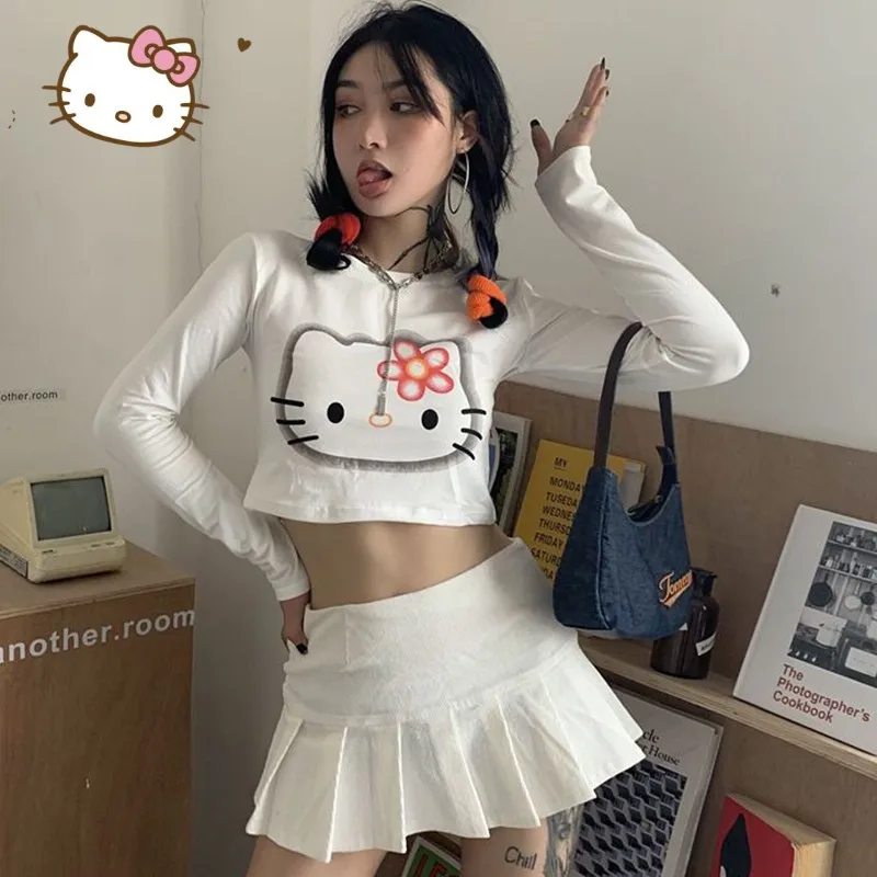 

Аниме Hellokitty Чистый хлопок с длинным рукавом Сексуальная короткая одежда для пупка мультяшный принт футболка Тонкий Топ милая девушка модна...