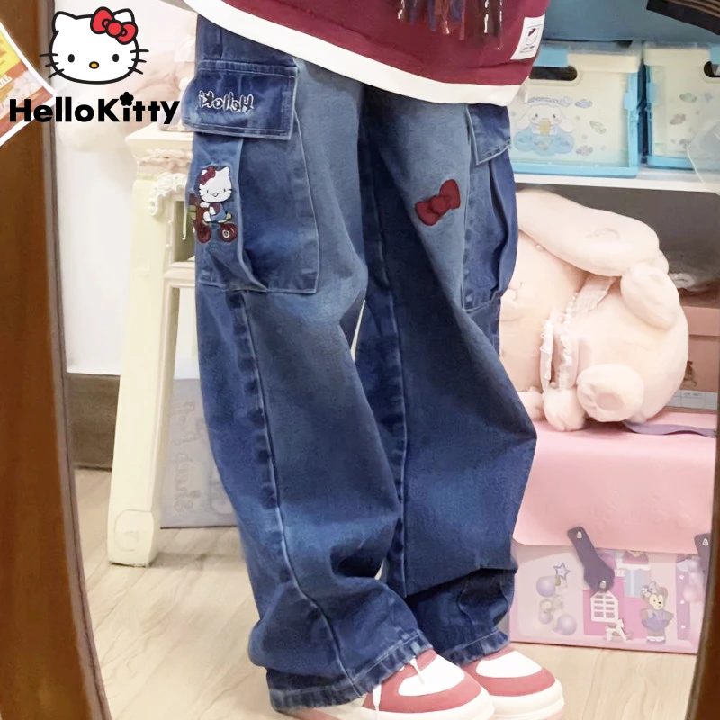 Sanrio Y2k Hello Kitty Vintage Cargo Jeans For Women Streetwear Embroidery Baggy Denim Pants Students Loose Oversize Trousers