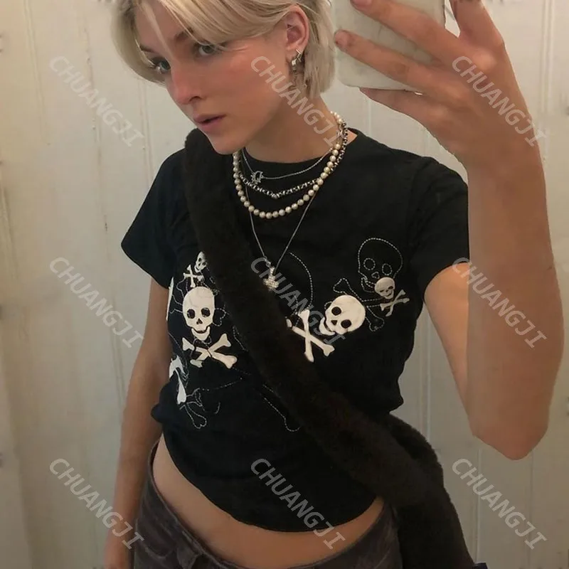 

2000s Y2K Crop Top Women Tee top Streetwear Vintage Gothic clothes Aesthetic skull print t shirt tshirt clothing harajuku tops