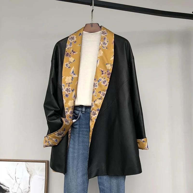 

Quality High Women's Long Sheepskin Suit Trench Jacket New Spring And Autumn Contrast Black Leather Coat