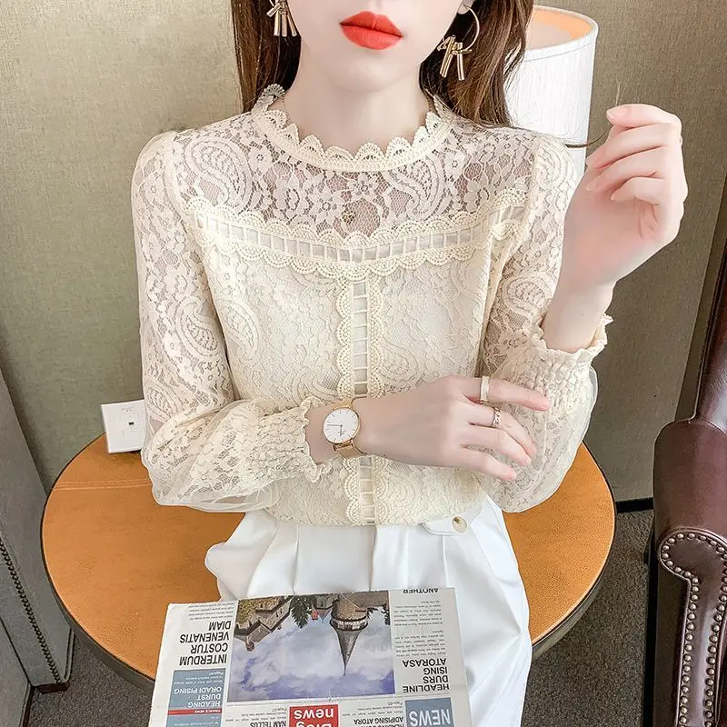 

Женская элегантная Милая шикарная привлекательная сетчатая кружевная Базовая футболка весна-осень корейский модный однотонный Тонкий Топ с длинным рукавом женская одежда