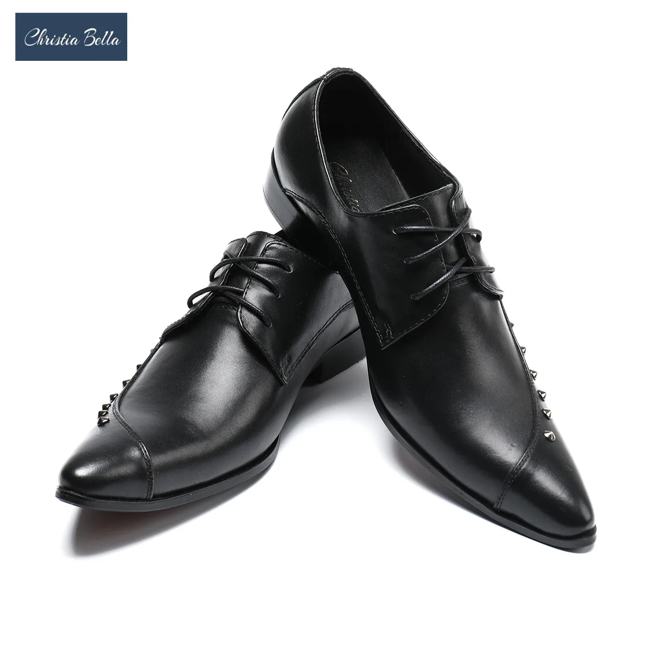 

Christia Bella Italian Style Pointed Toe Lace-up Men Black Genuine Leather Shoes Party Prom Men Rivet Shoes Oxford Shoes for Men