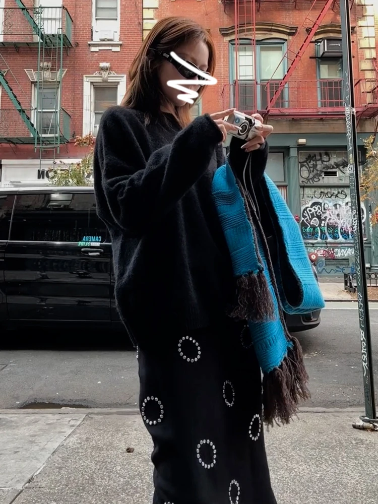 Черный женский свитер 2024 новая зимняя одежда корейская серия ленивый элитный