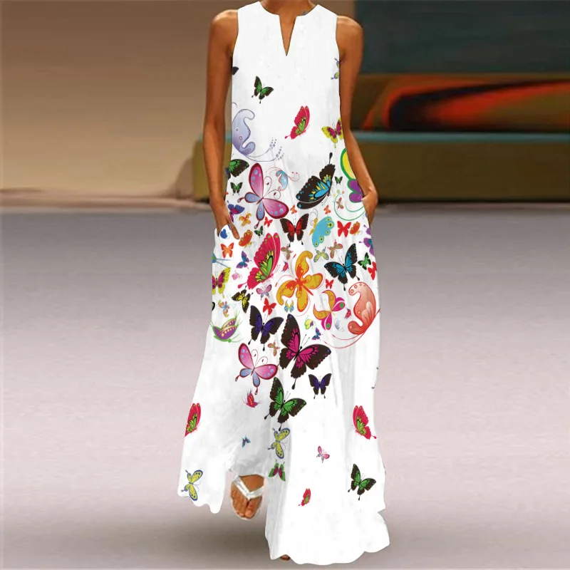 

Women Maxi Dresses Flower Elegant Ladies Sleeveless Fashion Retro Printing Sexy Pocket Party Robe S-5XL