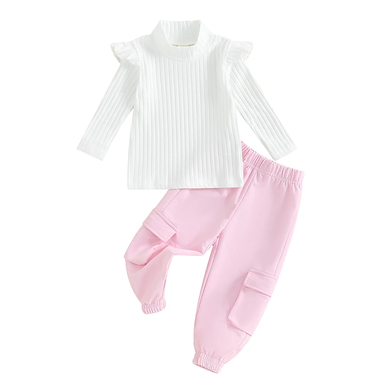 

Girls Autumn 2PCS Pants Sets White Long Sleeve Ruffle Tops Pink Cargo Pants Sets