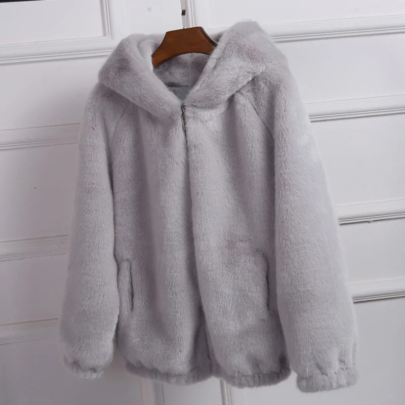 Winter Grass Mink Faux Fur Coat Lady Artificial Fur Hooded Soft 2021 Women's Jacket White Grey Pink Rabbit Imitation Fur Outcoat