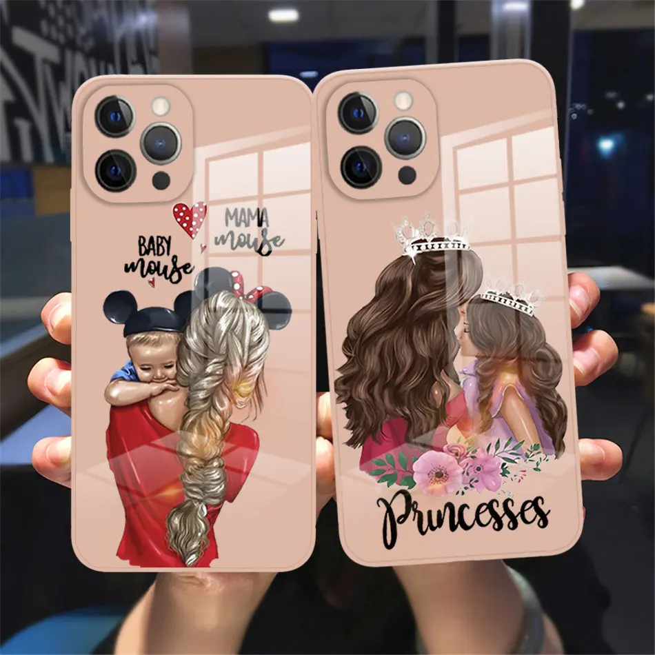 

Fashion girl Toughened glass Phone Case For iPhone11 12 13 Pro Max XR XSMAX 8 7 Plus 12 13Mini Super mom luxury pink Back Cover