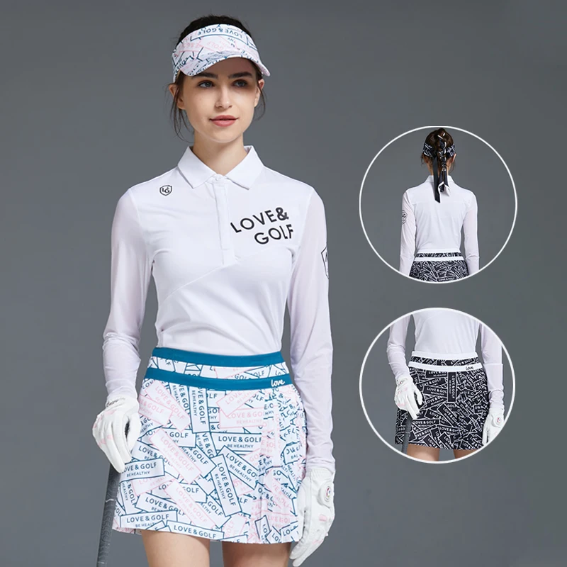 

Love Golf Korean Women Printed Skirt Long Sleeve Sunscreen Golf Shirt Anti-exposure Tennis Pleated Skirt Set Slim Ice Silk Tops