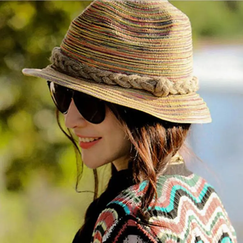 

Bohemia Women Straw Hat Striped Hand Knitting Western Cowboy Cowgirl Cap Women Summer Beach Sun Hats Casquette кепка женская