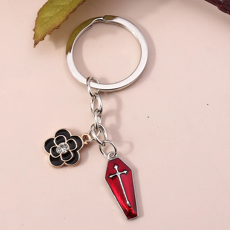 

Gothic Red Rose Cross Keychain Charms Steampunk Metal Key Rings for Women Men Bag Pendant Vintage Jewelry Gift