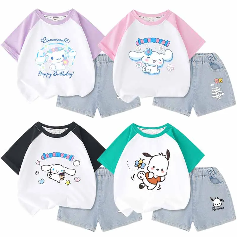 

Sanrios Anime Figure Pochacco Cinnamoroll Cartoon Cute Children Summer Clothing Girl Tops Short Sleeve T-shirt Denim Shorts
