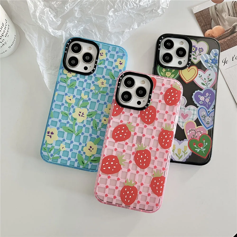 

Cartoon Clear love heart sticker stamp Label Phone Case For iPhone 11 12 13 Pro Max 13 Mini XS XR 7 8 Plus Cute strawberry Cover