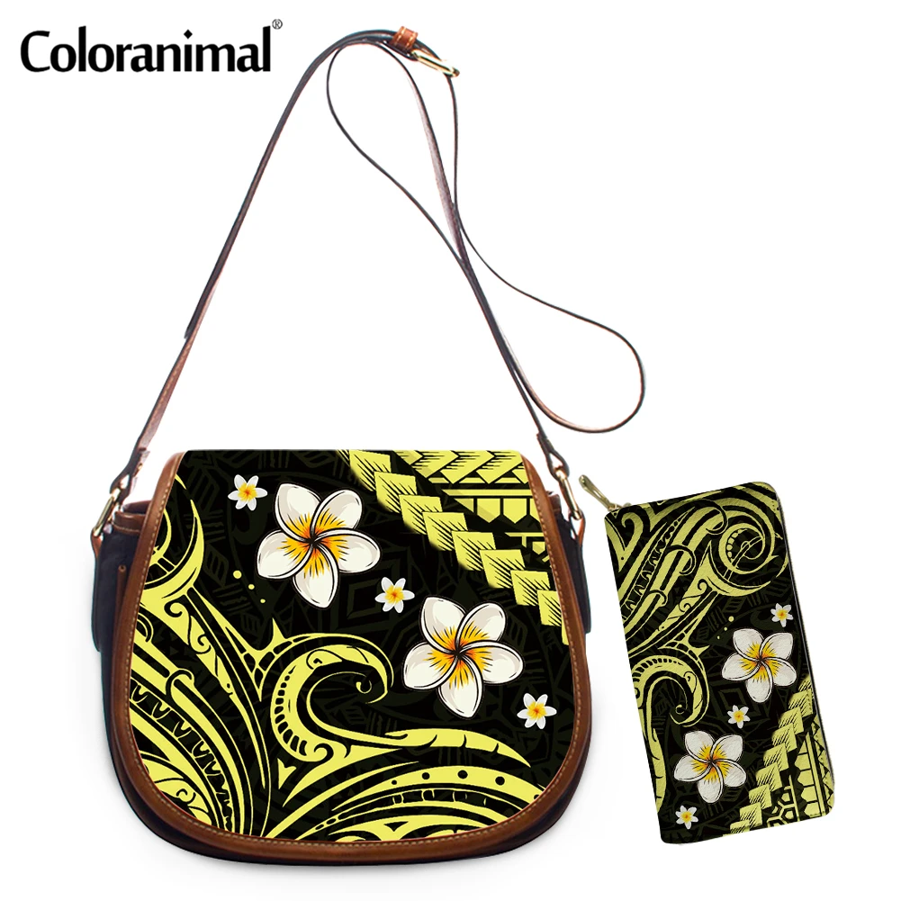 

Coloranimal Yellow Polynesian Plumeria Printing Ladies Crossbody Bag PU Leather Shoulder Messenger Bag for Women 2Pcs/set Bolsa