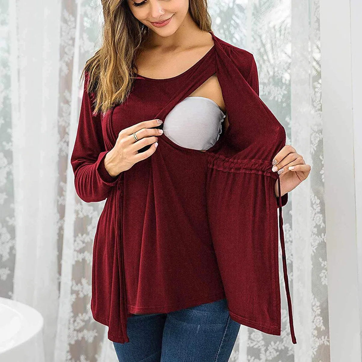 Women Nursing Top Double Layer Breastfeeding T Shirt Tees Tops Autumn Long Sleeve Elegant Pregnancy Maternity Clothes T-Shirt