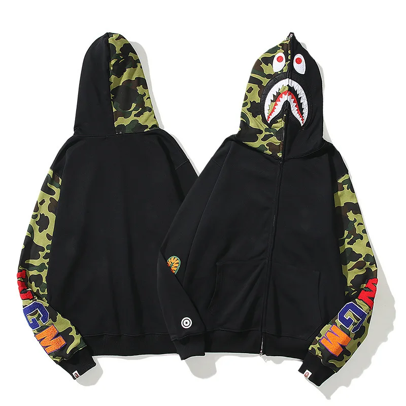 

Классическая камуфляжная Толстовка Bape Shark с вышивкой из 100% хлопка, новинка, Высококачественная спортивная куртка на молнии для мужчин и жен...