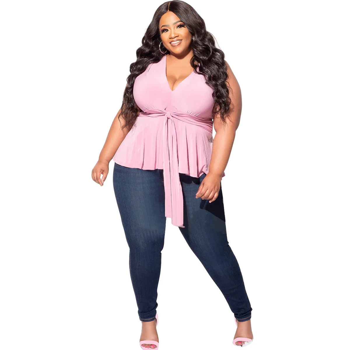Plusee Women T-shirt Plus Size Solid Colour V-neck Sleeveless Lace-up Fashion Summer T-shirt Short Sleeve Casual Office Lady Top