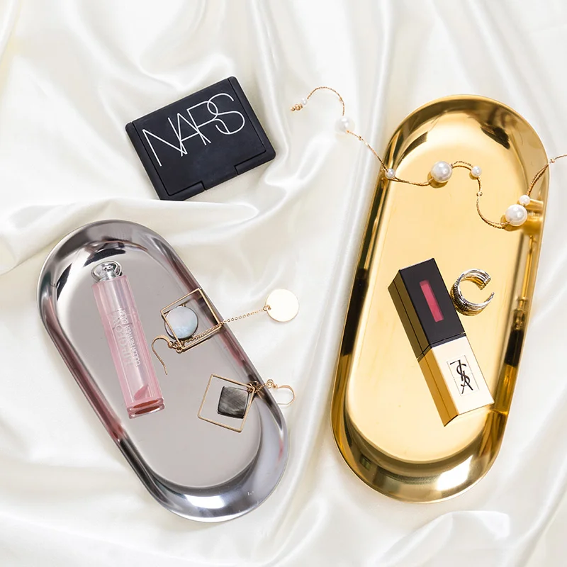 Nordic Desktop Storage Golden Stainless Steel Tray Luxurious Gold Oval Jewelry cosmetic Trays Metal Home Decor |