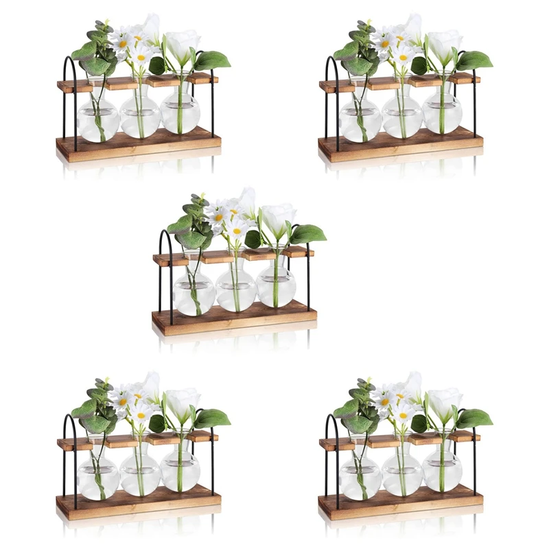 5X Plant Propagation Station With Wooden Stand,Plant Terrarium Desktop Propagation Stations,Air Planter Bulb Glass Vase