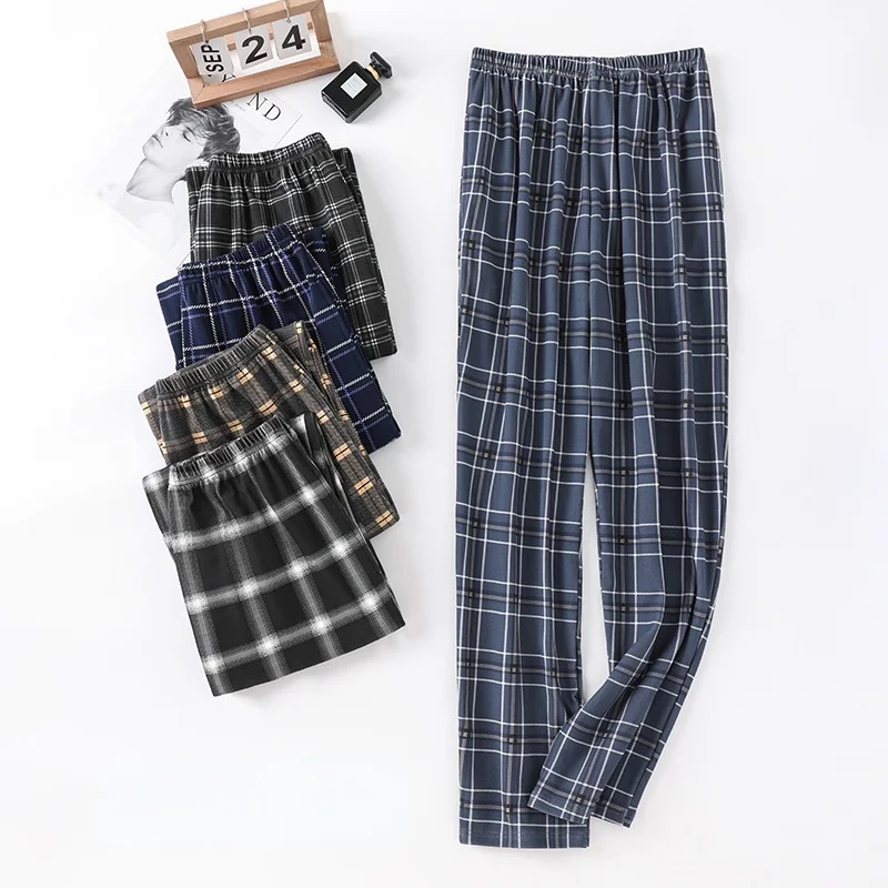

Sprin and Autumn Newest Men's Pajama Pants Plaid Desin Lon Trousers Knitted Cotton Loose Lare Size Men's ome Pants