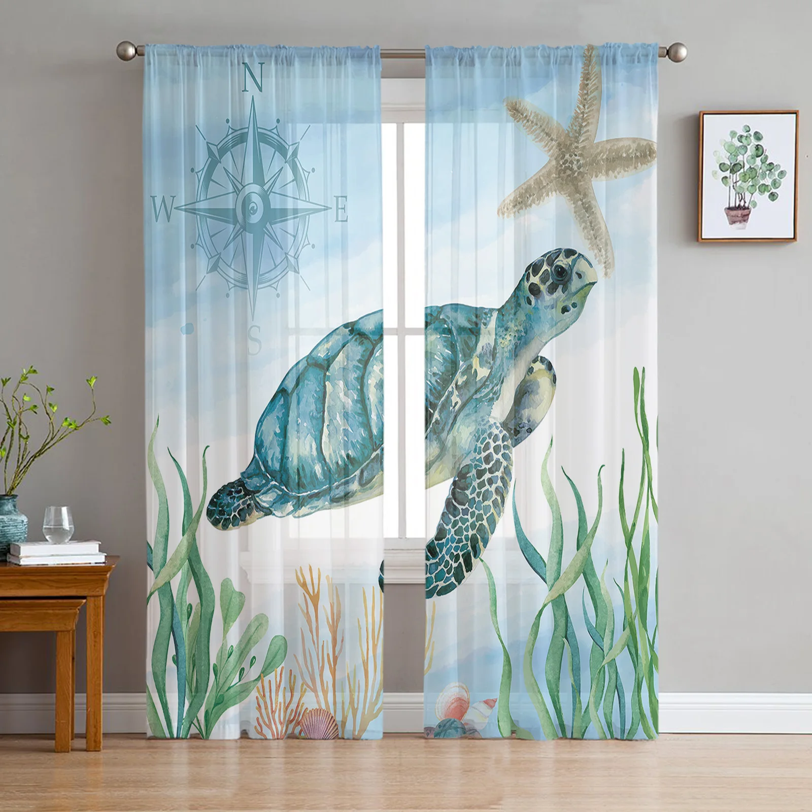 

Sea Turtle Starfish Coral Chiffon Sheer Curtains For Living Room Bedroom Kitchen Decoration Window Voiles Organza Tulle Curtain