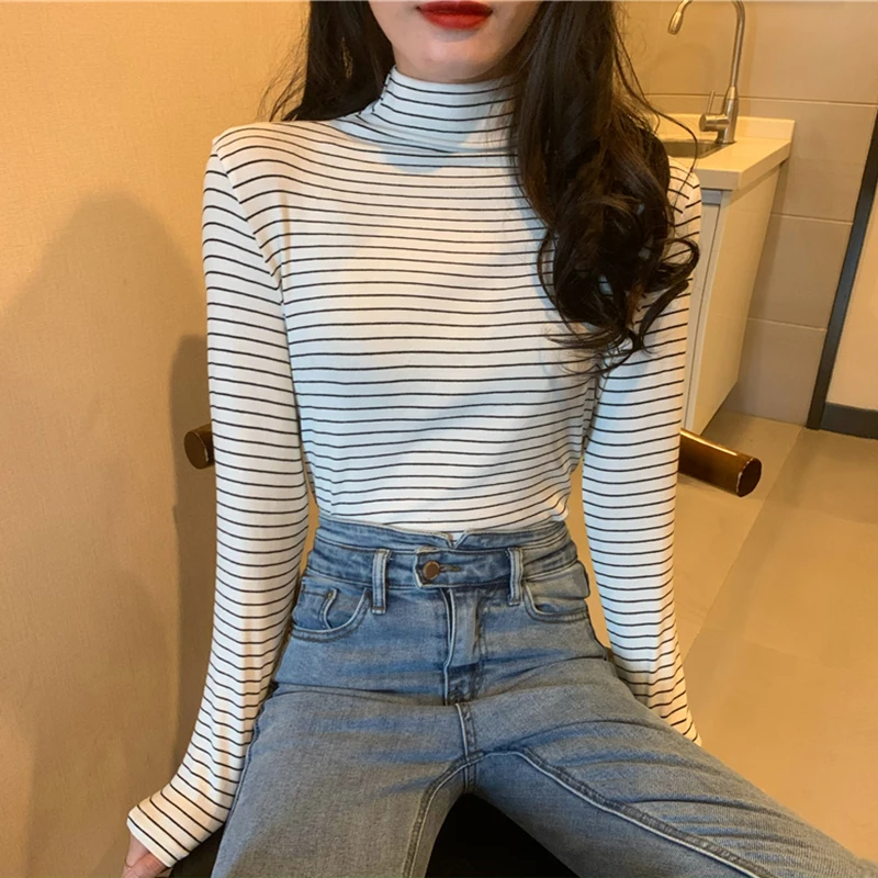 Женская Полосатая Футболка harajuku с длинным рукавом и высоким воротником |