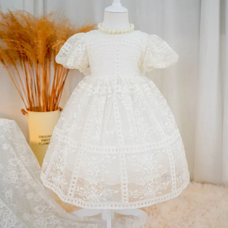 Heavy Industry Lace Big Bow Princess Dress For Baby Girls 2022 Summer Kids Puff Sleeve Birthday Party Dresses y205