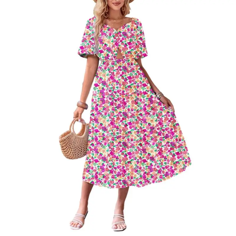 

Bohemian Long Dress Reducing Age And Cute Elegant And Lively Beach Dress Covered Meat Short Sleeved Printed Dress Wrinkles